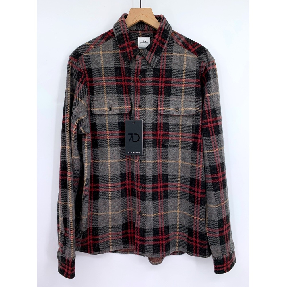 7Diamonds Flannel Shirt Mens Medium Gray Red Plaid Generation 4-Way Stretch NEW
